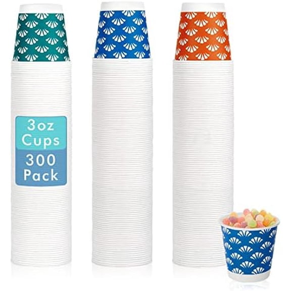 300 Pack 3 oz Disposable Bathroom Paper Cups, Small Mouthwash Cups in Orange, Blue, and Green, Great for Candy, Biscuits, Bathroom Use, Parties, Picnics, and Travel
