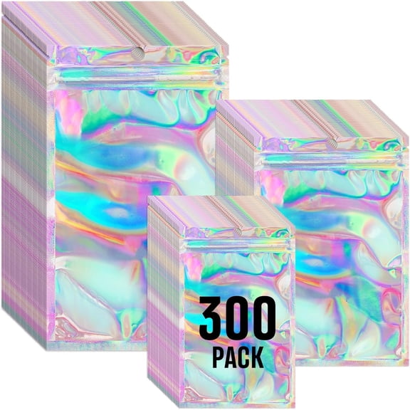 300 Pack 3Size Mylar Holographic Bags with Clear Window,Holographic