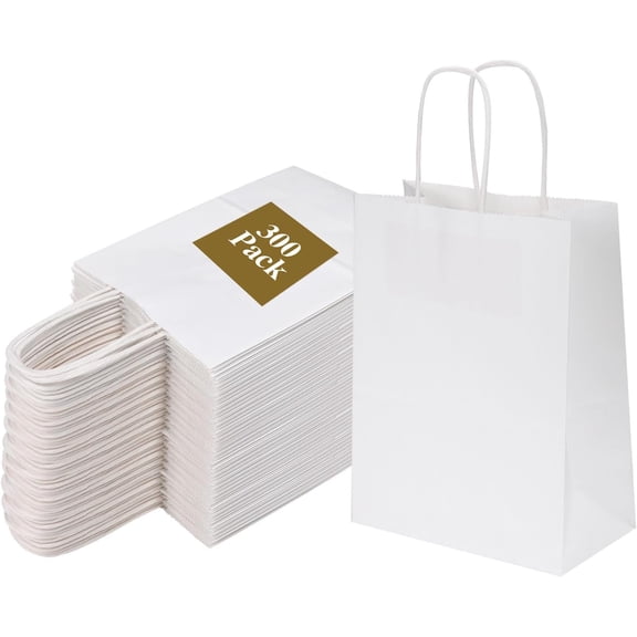 300 Pack 5.95x3.25x8 Inch Small White Paper Bags with Handles Bulk, Kraft Paper Gift Bags for Birthday Party Favors Grocery Retail Shopping Business Goody Merchandise Craft Blank Sacks (300pcs)