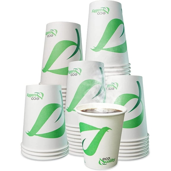 [300 Pack] 8 oz Compostable Paper Cups with White Flat Lids - Biodegradable Disposable White Paper Coffee Cups PLA Lined - Eco-friendly Hot and Cold Drinking Cups