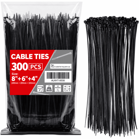 300-Pack Black Nylon Zip Ties, 4, 6 & 8 Inch Assorted Cable Ties