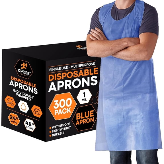 300 Pack Blue Disposable Polyethylene Aprons 24" x 48" 1 Mil Waterproof Individually Wrapped