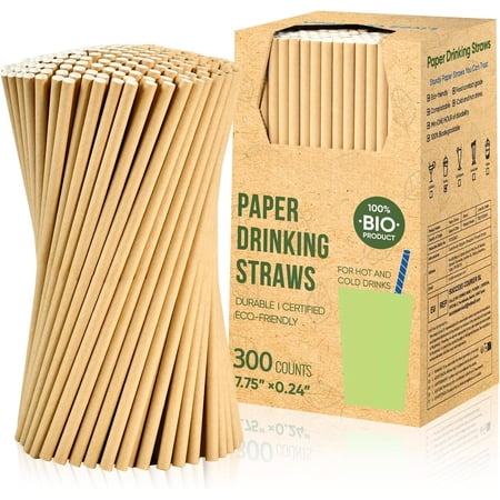 [300 Pack] Brown Paper Straws, 7.75" x 0.24", Compostable Disposable Drinking Straws for Smoothie, Juice, , Cold Drinks, Parties, Restaurants & Crafts