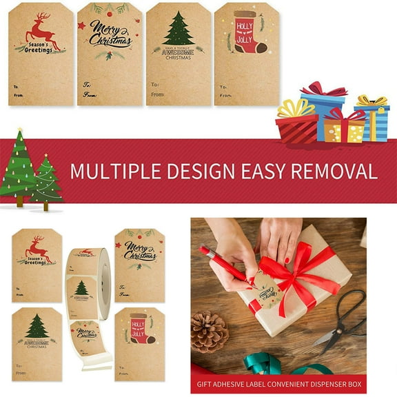 300-Pack Christmas Kraft Paper Stickers, 2x3in Self-Adhesive Gift Tags with Santa Tree Stocking Motifs, Vintage Holiday Labels for Presents Crafts & Envelopes