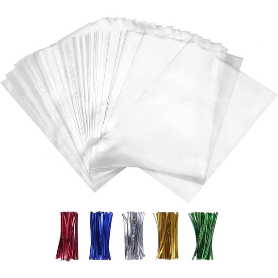300 Pack Clear Cellophane Bags, 3x4 Inch Plastic Cello Bags with 300 Twist Ties (5 Mixed Colors) OPP Treat Bags for Gift Wrapping, Packaging, Storage