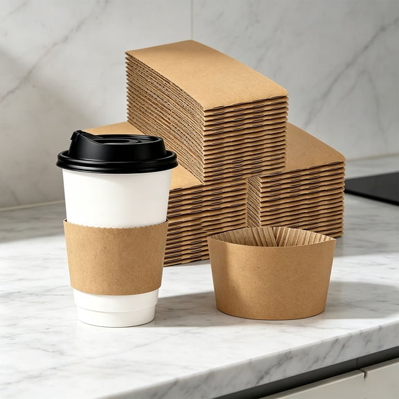 300 Pack Eco Kraft Corrugated Coffee Cup Sleeves, Heat Insulation Non-Slip Paper Wraps Fit 10-20oz Cups for Cafes, Office Workspaces, Picnics and Daily Takeaway Beverages