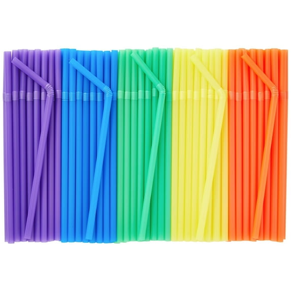 300 Pack Flexible Plastic Drinking Straws, Disposable Bendable Straws Bulk Set for Smoothies, 5 Colors (8.25 In)