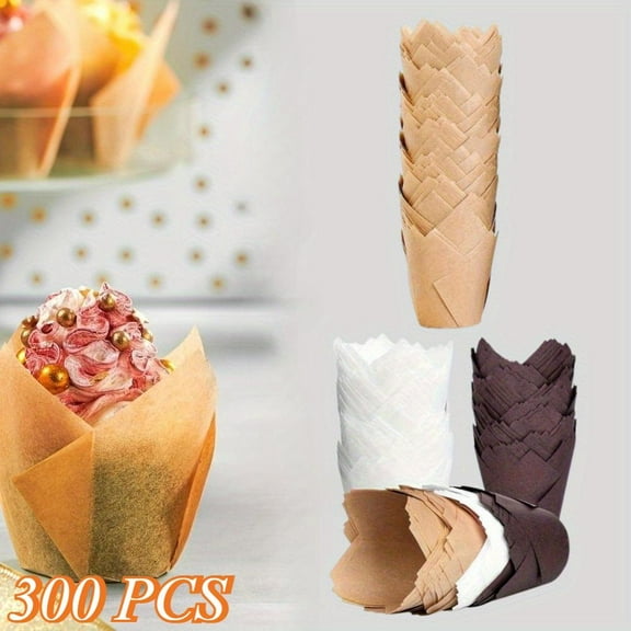 300 Pack Greaseproof Parchment Paper Baking Cups Tulip Cupcake Liners - With Elegant Crinkle Design, Standard Size Muffin Liners For Party, Christmas, Birthdays, Dessert Presentation, Stylish Wrappers