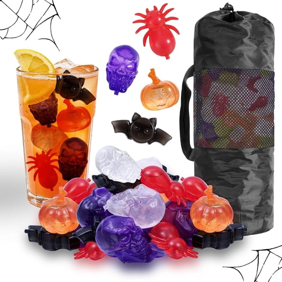 300 Pack Halloween Reusable Ice Cubes for Drinks and Parties, Pumpkin | BPA-Free PE Plastic, Refreezable and Washable, No Dilution, Pumpkin, Skull, Bat and Spider Shapes