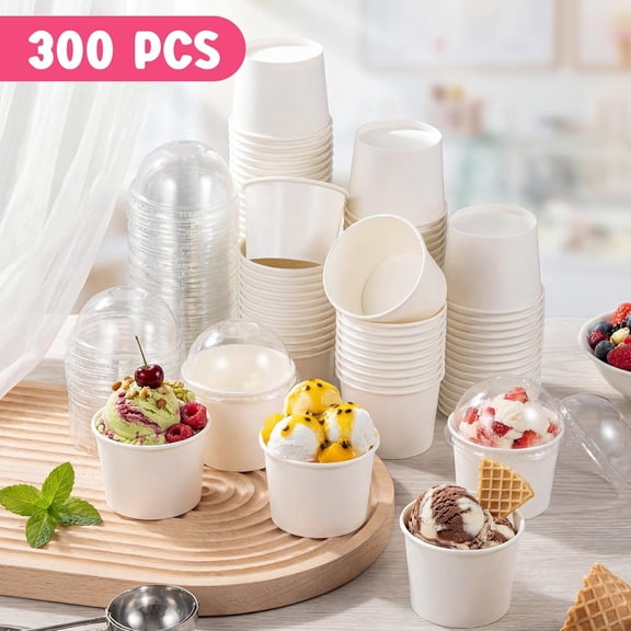 300 Pack Ice Cream Cups with Dome Lids and Wooden Spoons - 6 oz Disposable Paper Dessert Bowls for Birthday Parties, Picnics, and More