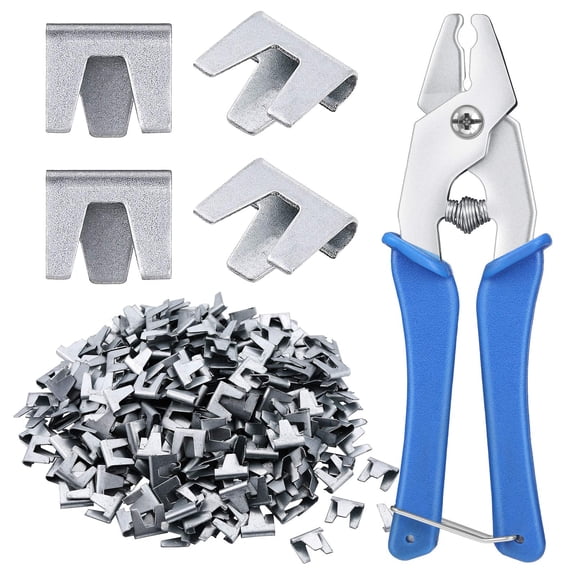 300-Pack J Clips Set with 1 Plier, DIY Hog Ring Fasteners for Wire Mesh Assembly, Rabbit Hutch, Chicken Coop, Bird Aviary, Quail Pen and Dog Crate, Silver and Blue