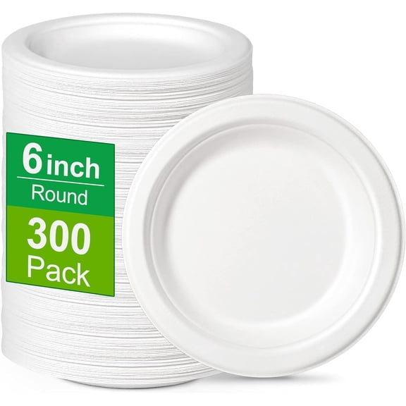 300 Pack Small Compostable Paper Plates, 6 inch, Made from Sugarcane Fibers, Recycled, White