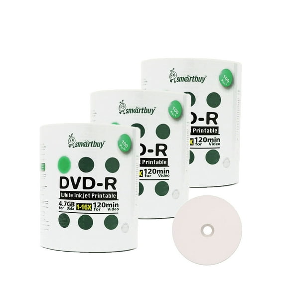 300 Pack Smartbuy 16X DVD-R 4.7GB 120Min White Inkjet Hub Printable Data Blank Media Recordable Disc
