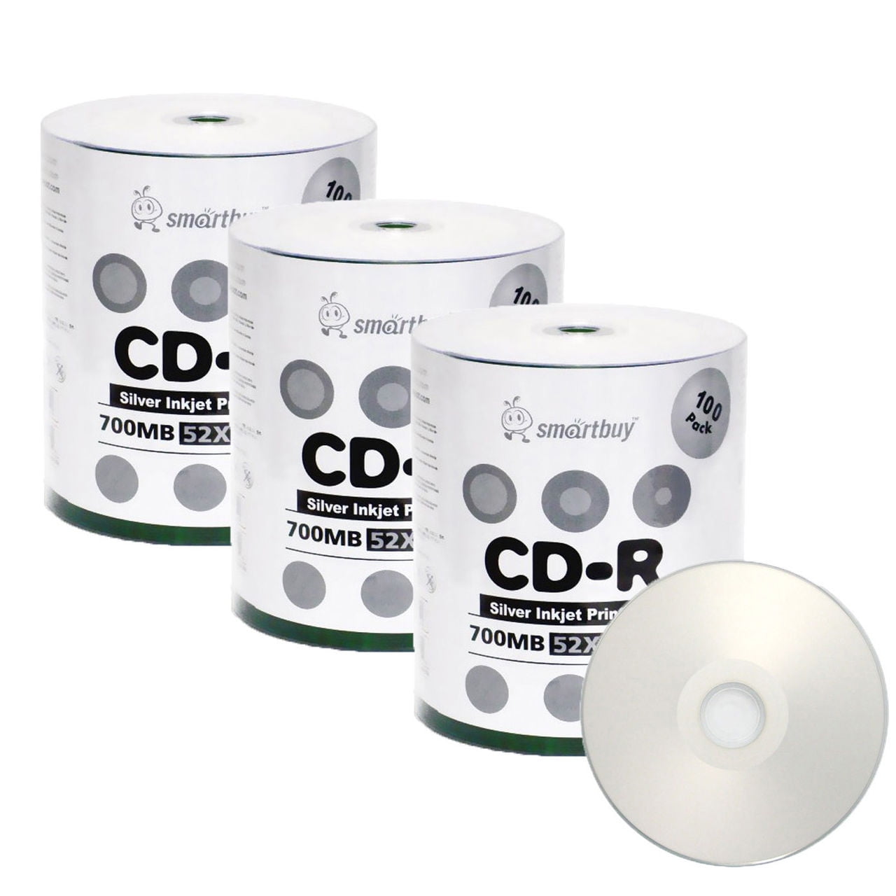 300 Pack Smartbuy 52X CD-R 700MB 80Min Silver Inkjet Hub Printable Data Blank Media Recordable Disc