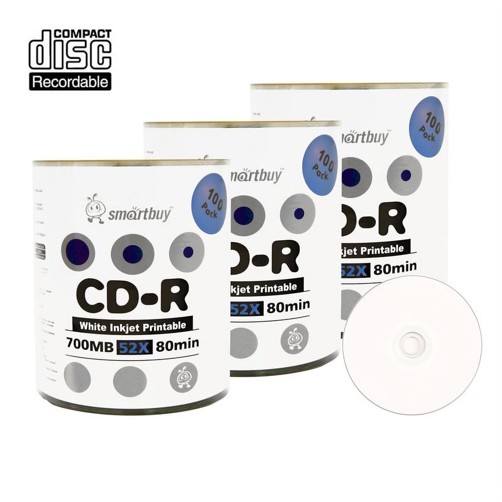 300 Pack Smartbuy 52X CD-R 700MB 80Min White Inkjet Hub Printable Data Blank Media Recordable Disc