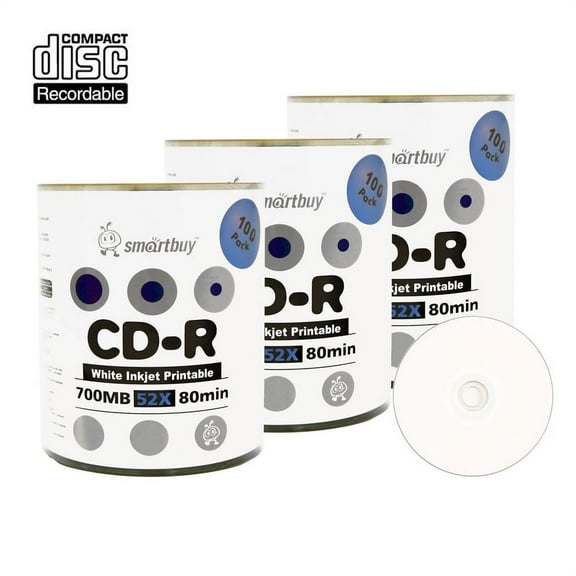 300 Pack Smartbuy 52X CD-R 700MB 80Min White Inkjet Hub Printable Data Blank Media Recordable Disc