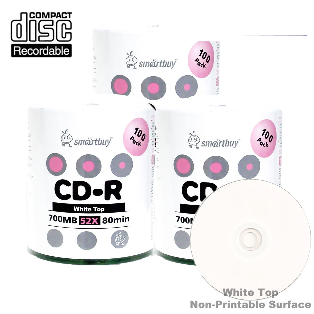 300 Pack Smartbuy 52X CD-R 700MB 80Min White Top (Non-Printable) Data Blank Media Recordable Disc