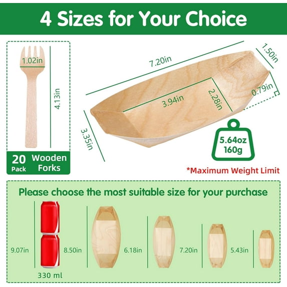 300-Pack Wooden Disposable Plates 7 IN Boat Plates Food Trays Disposable Sushi Plates Food Boats for Party Weddings Picnic