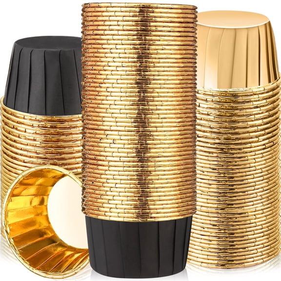300 Packaging Black Gold Cupcake Liner Bulk Disposable Aluminum Foil Muffin Cups 3.5 oz Wrapping Paper For Baking Aluminum Paper Mini Metal Disposable Holiday Party Wedding Festival Supply