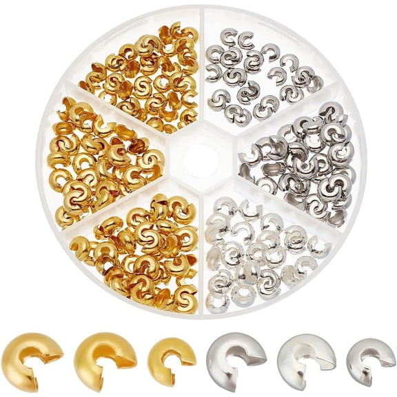 300 Pcs 2 Colors Crimp Beads Covers 3 Sizes Brass Half Round Open Tube Beads Knot Cover capss End Tips for DIY Crafts Jewelry Making Mixed Color