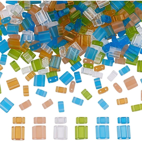 300 Pcs 2 Hole Glass Rectangular Beads 6 Colors (Blue Green Orange etc.) 2 Sizes (4.5x2mm 5x4.5mm) for Jewelry Making