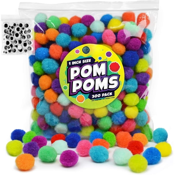 [300 Pcs] 250 1 Inch Pom Poms & 50 Googly Eyes - Craft Pom Pom Balls - Pompoms for Crafts - Pom Pom for Crafts in Bright & Bold Assorted Colors - Large Pom Poms Arts and Crafts