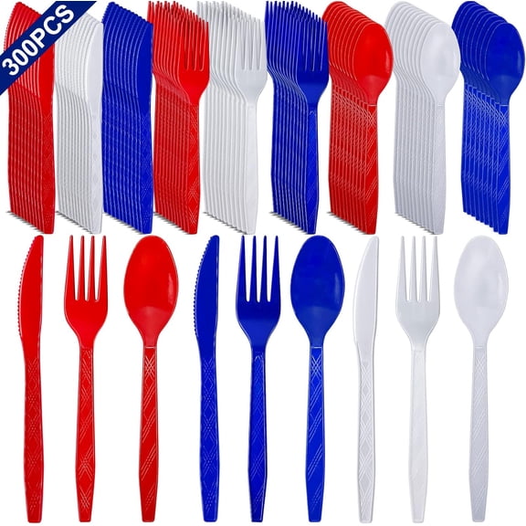 300 Pcs 4th of July Decorations Red White Blue Party Supplies, Patriotic Plastic Silverware 250th Anniversary Disposable Utensil Cutlery Set 100 Spoons 100 Forks 100 Knives Memorial Day Decorations