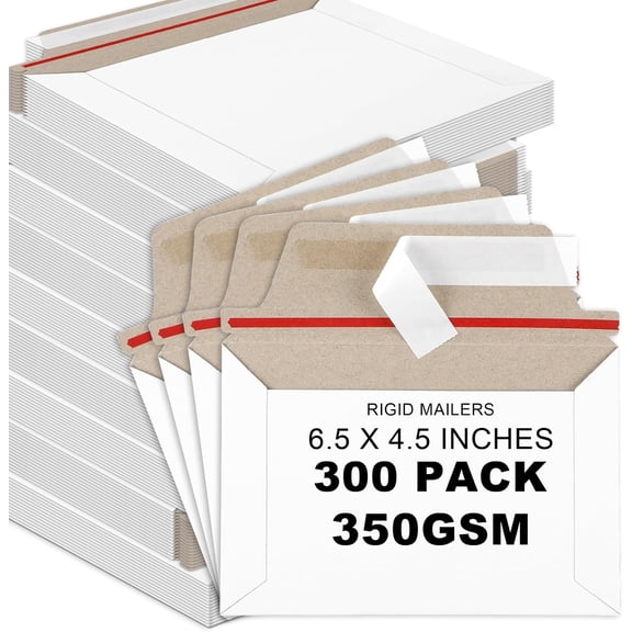 300 Pcs 6.5 x 4.5 Inch Rigid Mailers with Self Seal Envelopes Stay Flat White Cardboard Shipping Envelopes for Postcard Calendar CD Photos Document Comic Book Card Shipping Protector