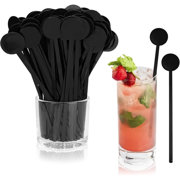 300 Pcs 7.3 Inch Cocktail Swizzle Sticks Black Drink Stirrers Disposible Plastic Disc Top Drink Stirrers,Mixing Rod for Bar Drinks,Coffee,Whiskey Beverage