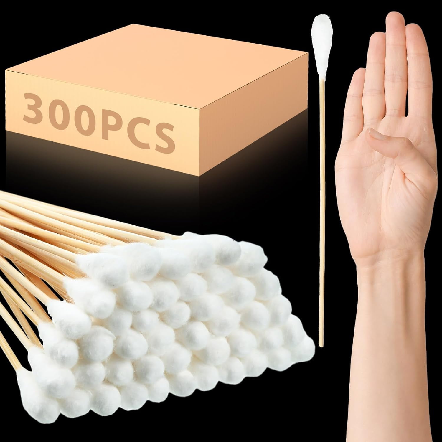 300 Pcs 8 Inch Large Cotton Swabs with Bamboo Handle Oversized Extra Long Cotton Tipped Applicators with Large 1/2" Diameter Ear Swabs for Wound Cleaning, Makeup