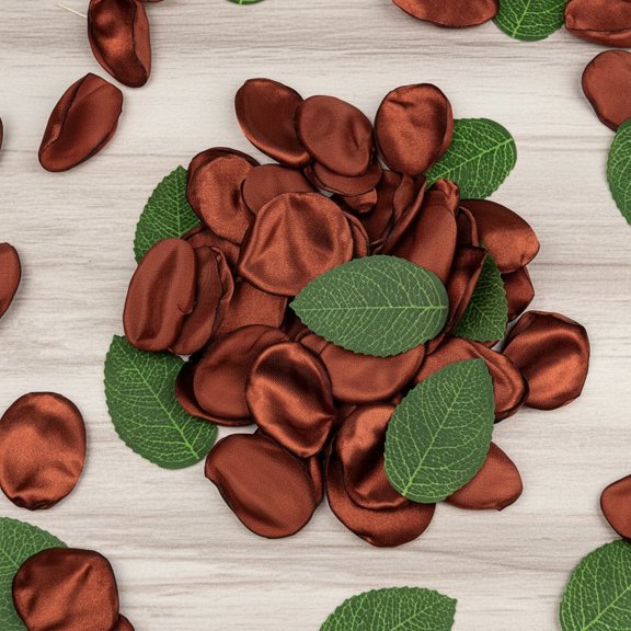 300+Pcs Artificial Flower Petals and Leaves Set - 200Pcs Faux Rose Petals + 100pcs Silk Greenery Leaves for DIY, Vase Fill, Home and Wedding Aisle Decor (Rust)