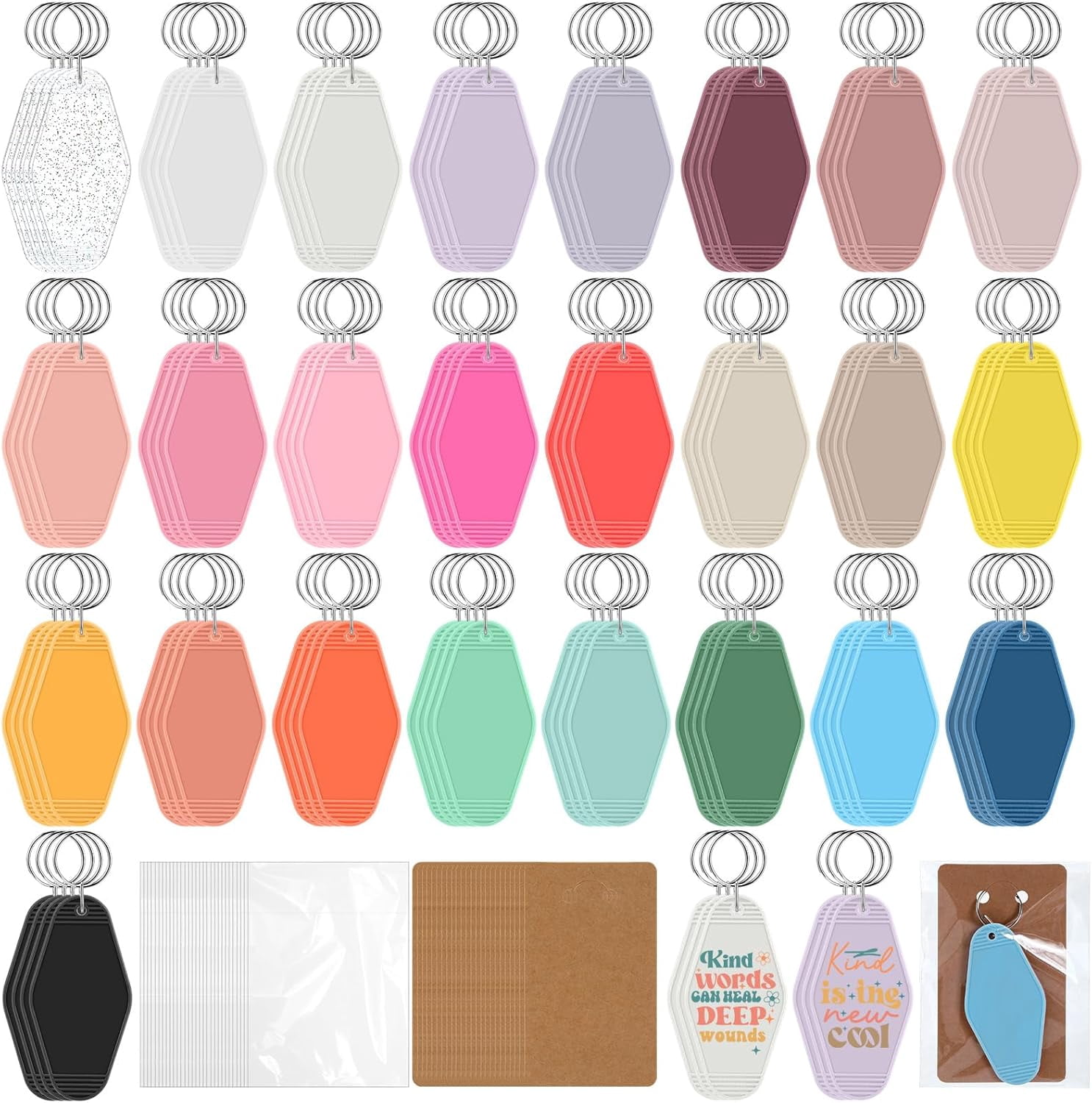 300 Pcs Blank Motel Keychain 25 Colors Sublimation Hotel Keychain Include 100 Vintage Rhombus Hotel Key Chains 100 Display Card 100 Packing Bag for DIY Craft Ornament Luggage Tag