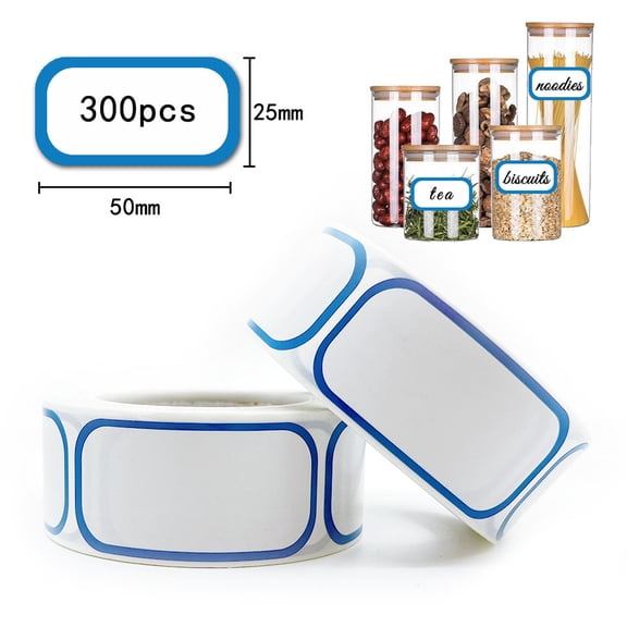 300 Pcs Blank Writeable Label Stickers Roll 50x25mm Blue Border Self Adhesive Storage Organizing Labels for Jars Canisters ,Pantry, Kitchen Containers ,Office File Classification