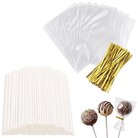 300 Pcs Cake Pop Sticks and Wrappers Kit,Xinshengli 5.9 Inch Paper Lollipop Sticks with 4.7 x 3.1 Inch Clear Bags and 3.1 Inch Metallic Ties for Making Candies, Chocolates and Cookies