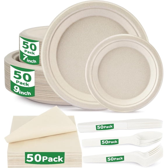 300 Pcs Compostable Dinnerware Set - Serves 50 Guests with Heavy Duty 9 & 7 Inch Plates, Napkins & Cutlery | Biodegradable Sugarcane Eco-Friendly Party Supplies for Birthday, Christmas, Holiday