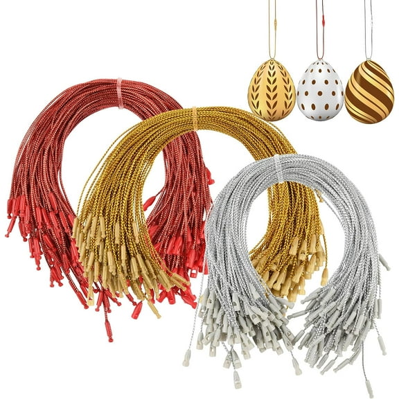 300 Pcs Easter Eggs Hangers Strings with Snaps Locking, Colorful Precut Hanging Ropes Easter Ornaments Hooks Gift Tag String for Easter Xmas Halloween Decorations - Golden, Silver, Red