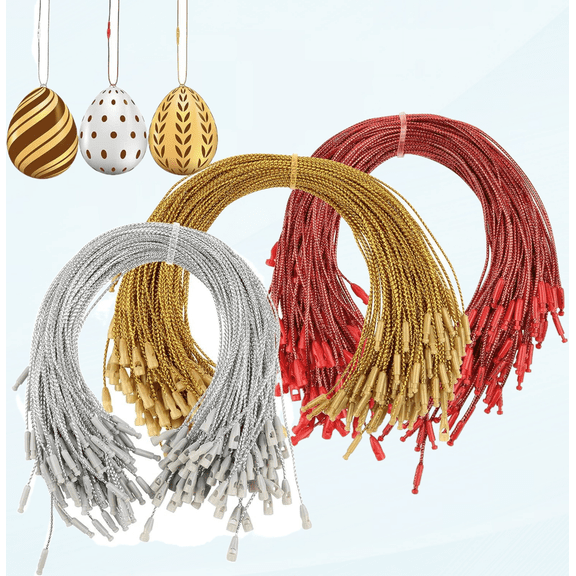 300 Pcs Easter Eggs Hangers Strings with Snaps Locking, Colorful Precut Hanging Ropes Easter Ornaments Hooks Gift Tag String for Easter Xmas Halloween Decorations - Golden, Silver, Red