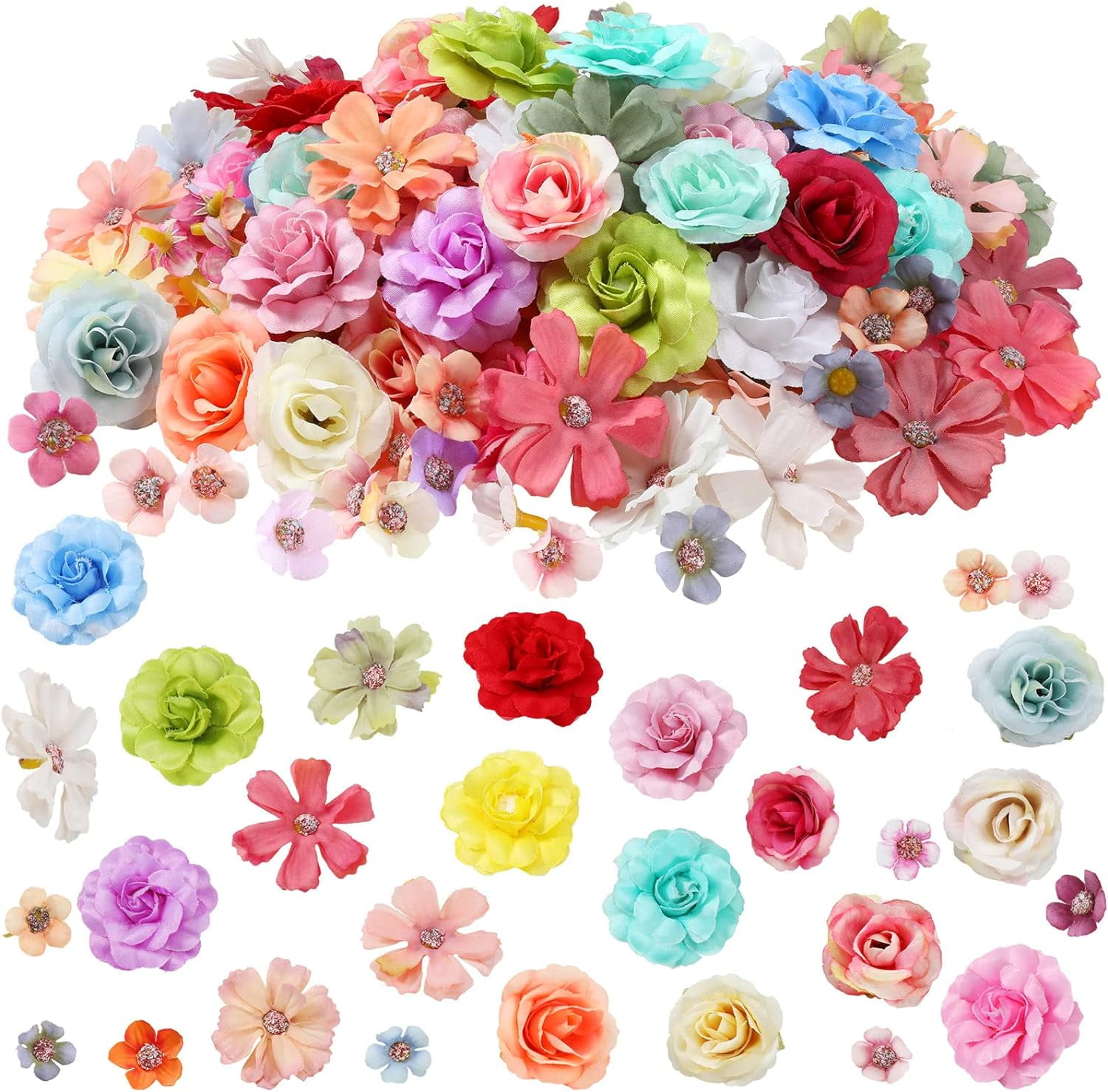 300 Pcs Faux Flower Heads Silk Artificial Plum Blossom Heads DIY Fake Mini Flowers Assorted Silk Decorative Flowers Daisy Roses Craft Supplies for Wedding Party Wreath Cake Vase Decoration (Elegant)