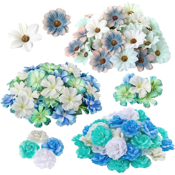 300 Pcs Faux Flower Heads Silk Artificial Plum Blossom Heads DIY Fake Mini Flowers Assorted Silk Decorative Flowers Daisy Roses Craft Supplies for Wedding Party Wreath Cake Vase Decoration (Elegant)
