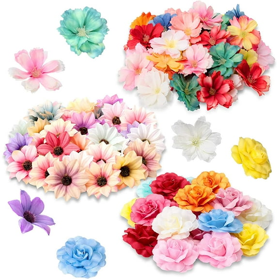 300 Pcs Faux Flower Heads Silk Artificial Plum Blossom Heads DIY Fake Mini Flowers Assorted Silk Decorative Flowers Daisy Roses Craft Supplies for Wedding Party Wreath Cake Vase Decoration (Elegant)