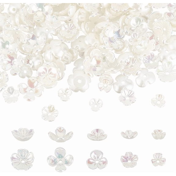 300 Pcs Flower Bead Caps - Opaque Plastic Imitation Pearl Beads 5 Styles White Floral End Caps for DIY Necklace Earrings Jewelry Making