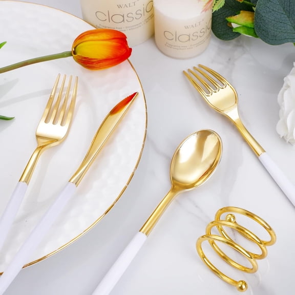300 Pcs Gold Plastic Silverware - Gold Disposable Silverware - Premium White Cutlery Set Include 100 Forks 100 Knives 100 Spoons,Plastic Cutlery Party Set for Party & Wedding