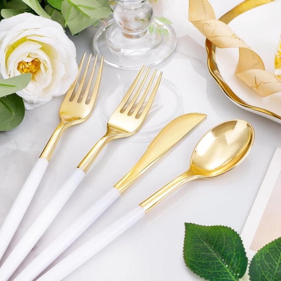 300 Pcs Gold Plastic Silverware - Gold Disposable Silverware - Premium White Cutlery Set Include 100 Forks 100 Knives 100 Spoons,Plastic Cutlery Party Set for Party & Wedding