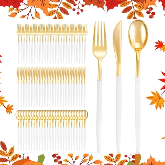 300 Pcs Gold Plastic Silverware - Gold Disposable Silverware - Premium White Cutlery Set Include 100 Forks 100 Knives 100 Spoons,Plastic Cutlery Party Set for Party & Wedding