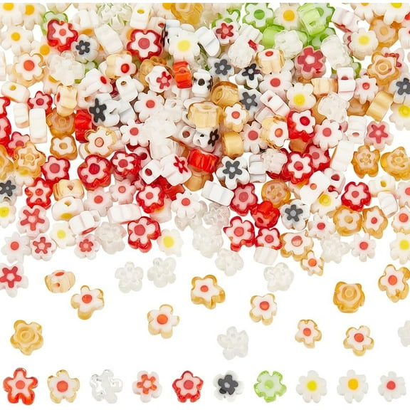300 Pcs Handmade Millefiori Flower Beads 10 Colors Mini Daisy Beads Lampwork Glass Bead Flat Flower Loose Spacer Bead for DIY Necklace Bracelet Earring Jewelry Making Crafts