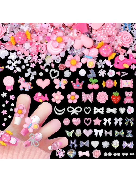 300 Pcs Junk Case Charms, 3D Mix Assorted Flower Bows Butterfly Nail Charms, 30 Pcs Cute Resin Nail Candy Charms, Charms for Junk Cases Nail Art DIY Crafts Accessories(S2-Pink Candy)