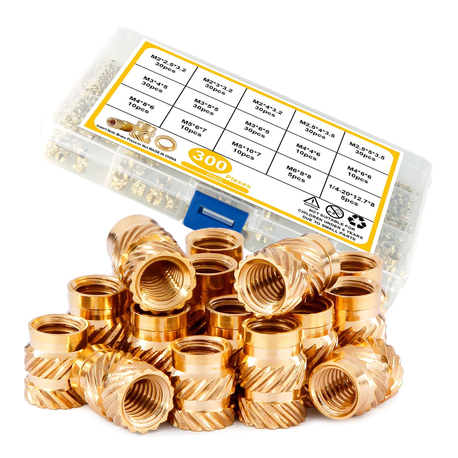 300 Pcs Metric Threaded Inserts 2/2.5/3/4/5/6mm Knurled Female Thread Inserts Brass Embedding