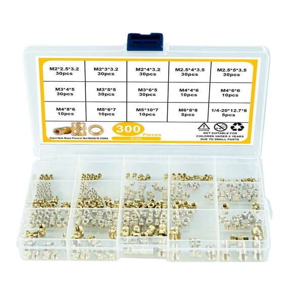 300 Pcs Metric Threaded Inserts 2/2.5/3/4/5/6mm Knurled Female Thread Nuts Inserts Brass Embedding Nuts Durable