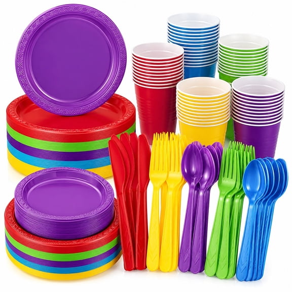 300 Pcs Multicolor Plastic Party Supplies for Outdoor Events: Durable Plastic Dinnerware Set in Assorted Colors with 50 Dinner Plates, 50 Appetizer Plates, 50 Cups, 50 Knives, 50 Forks, 50 Spoons