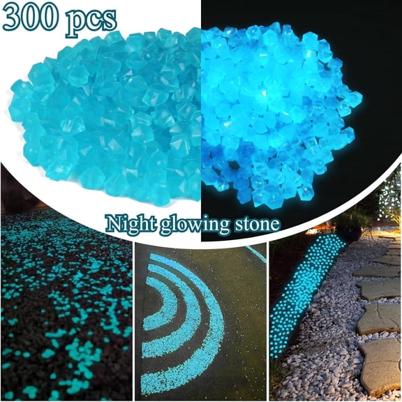 300 Pcs Outdoor Pebble Garden Luminous Glow Stones - 0.55" X 0.43", Garden Landscaping Decoration, Blue Diamonds, Aquarium Decorations, Vase Filling